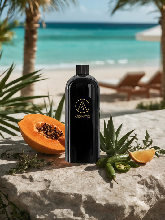 TULUM blends papaya, agave, jalapeño and green citrus with warm woods and coastal air. A tropical, vibrant scent inspired by sunlit mornings on the Tulum shore.